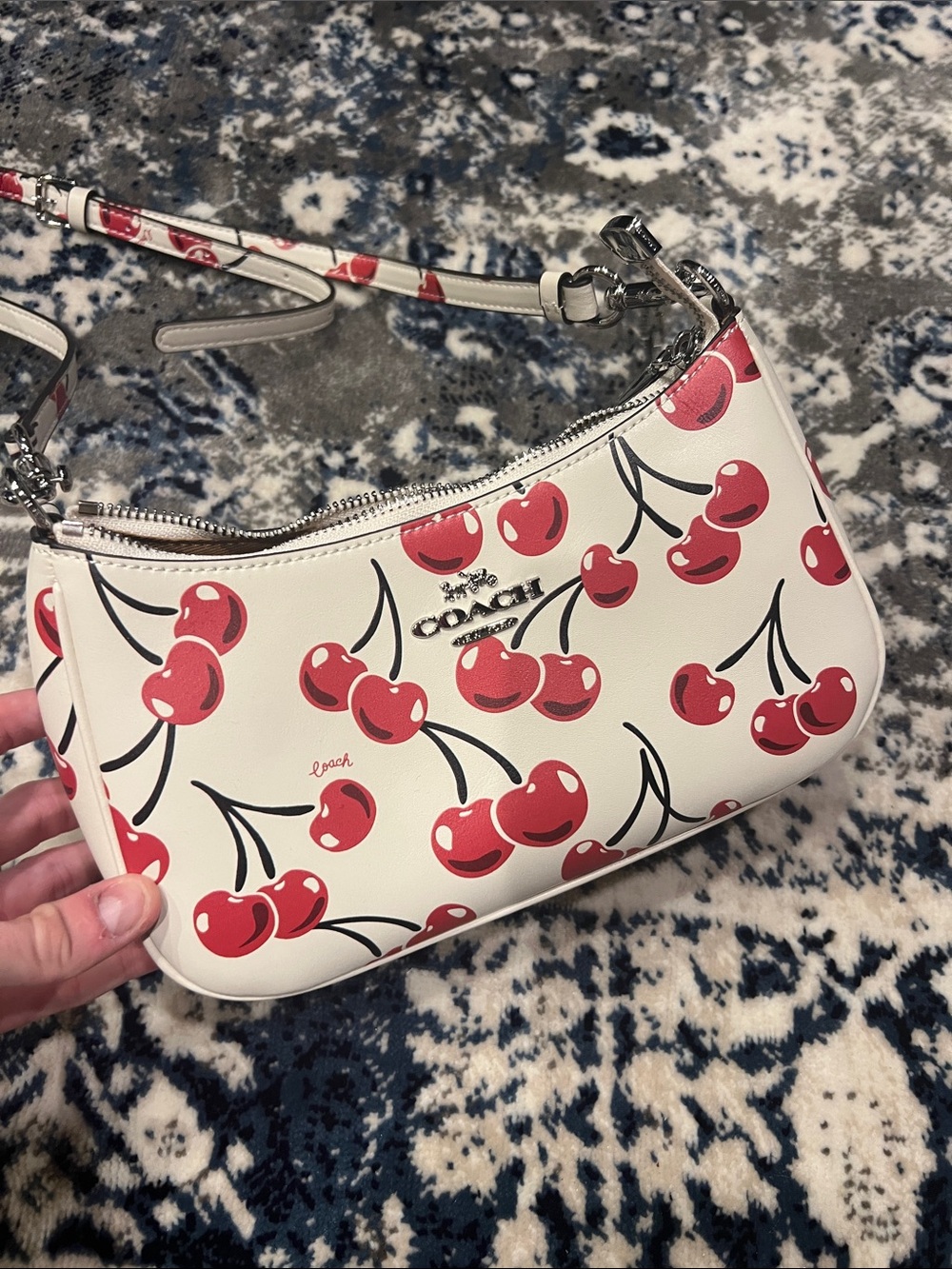 Coach White Leather Cherry Print Shoulder Bag with Red Accents